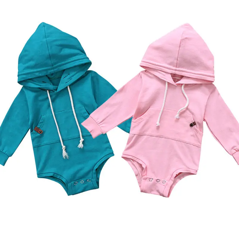 Baby Boy Girl Solid Pink Green Hooded Bodysuit Babies Cute Long Sleeve