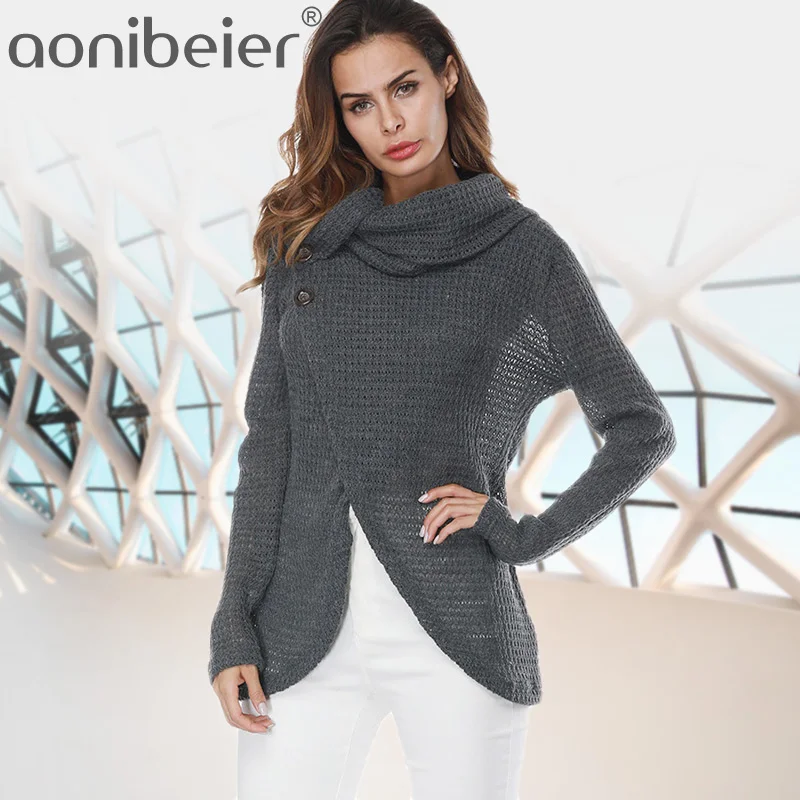 

Aonibeier Women Knitted Jumper Autumn Winter Turtleneck Long Sleeve Irregular Hem Buttons Detail Sweater Long Pullovers