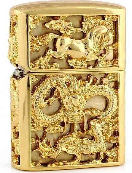 

Authentic 3D Hand-carved lighters Handmade Hollow Heavy armor edition gold-plated Dragon + horse