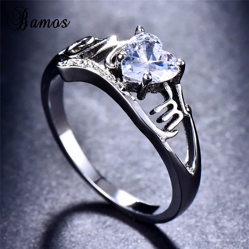 Luxury Female Love Heart Ring Romantic MOM Letter Engagement Ring Mother's Day Gift 925 Sterling Silver Wedding Rings For Women