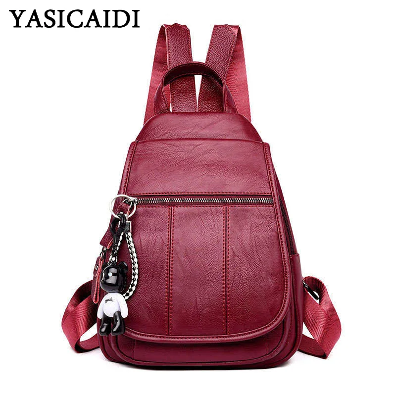 

YASICAIDI Preppy Style Leather Backpacks Pleated PU Shoulder Bags Teenager Girls School Bag With Cartoon Pendant mochila mujer