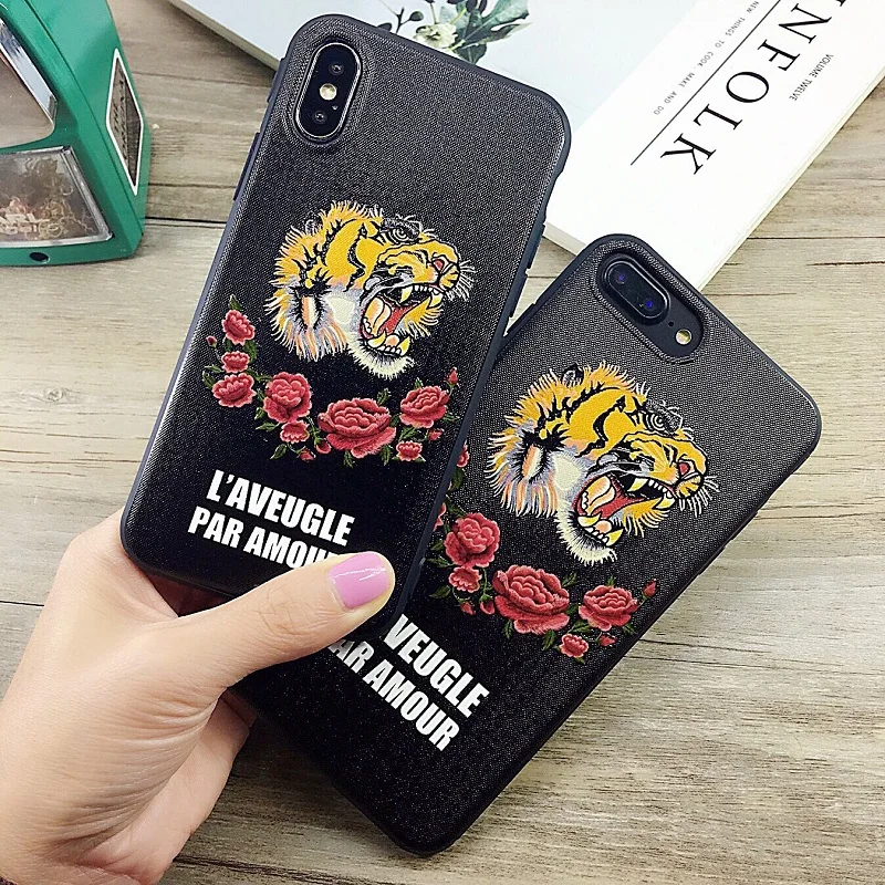 

Originality Embroidery Tiger pattern Soft TPU Case For iphone 6 6s Plus 7 7plus X 8 8plus phone cases