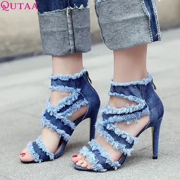 

QUTAA 2019 Women Sandals Women Shoes Platform All MatchThin High Heel Denim Zipper Westrn Style Women Sandals Size 34-43