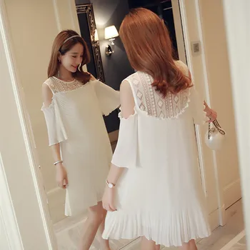 

Pregnant woman clothes Leakage shoulder splicing chiffon short sleeves pregnant dress pleated maternity lace dresses