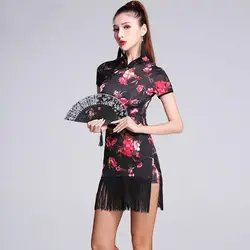 Модный тонкий цветочный принт Ice Silk Cheongsam Tassel Sexy Latin Dance one-piece платье для женщин/женщин, бальные костюмы MD7130