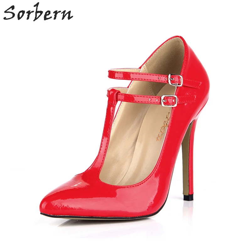 

Sorbern Sexy Red T-Strap Pointed Toe Women Pump High Heels Shoes Heel Custom Color Patent Pumps 12Cm Night Party Dance Shoe