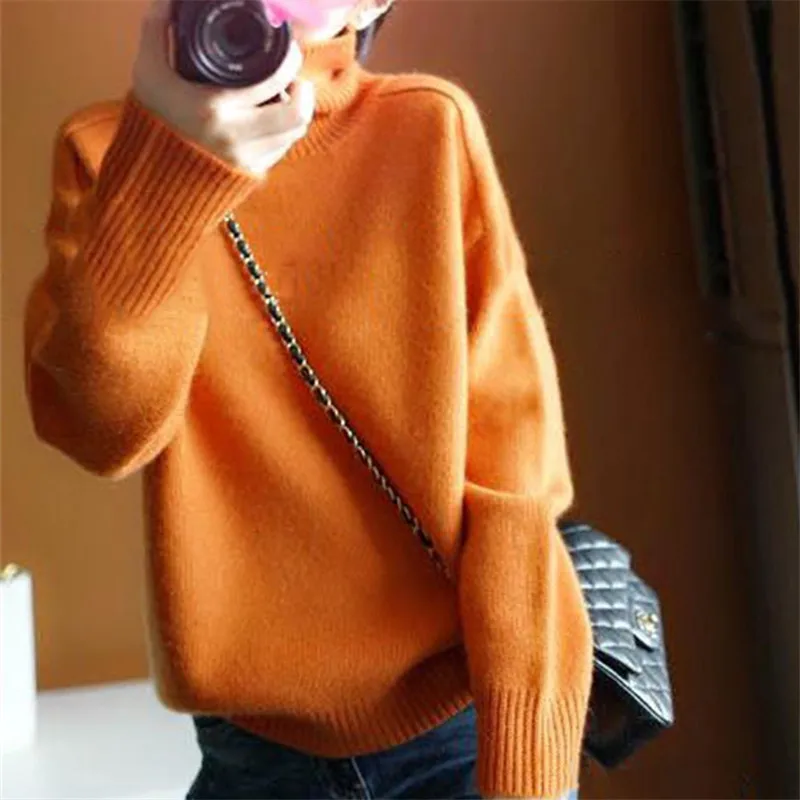 Orange Natural cashmere sweater female high collar warm winter thick pullover loose lazy knit bottoming shirt |
