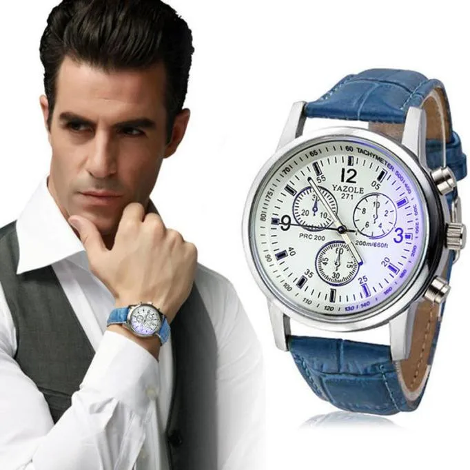 Повседневные мужские деловые мужские часы брендовые Роскошные голубые лучевые стеклянные кожаные кварцевые наручные часы Relojes Masculino Saat