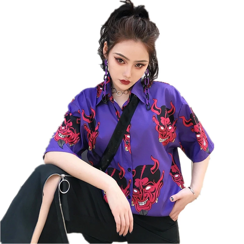 

2018 Summer Fashion Ladies Blouses New Casual Short Sleeve Turn Down Collar Pink Purple Stylish Retro Devil Funny Shirts
