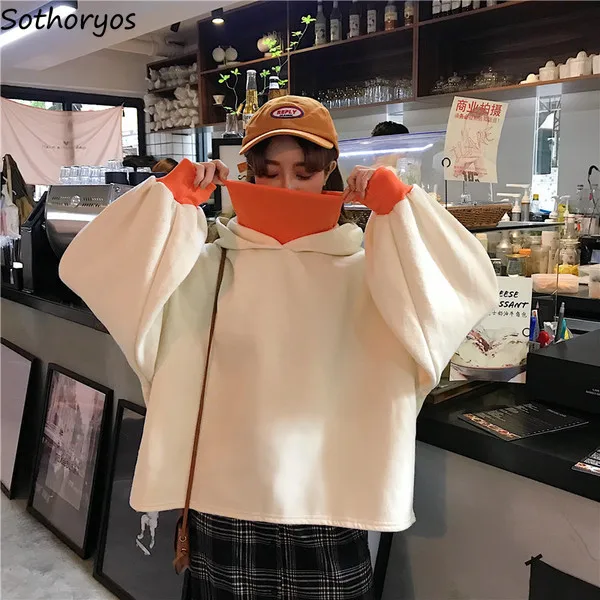 

Hoodies Women Hooded Patchwork Korean Style Harajuku Soft Plus Velvet Warm Womens High Quality Thicker Clothing Leisure Trendy