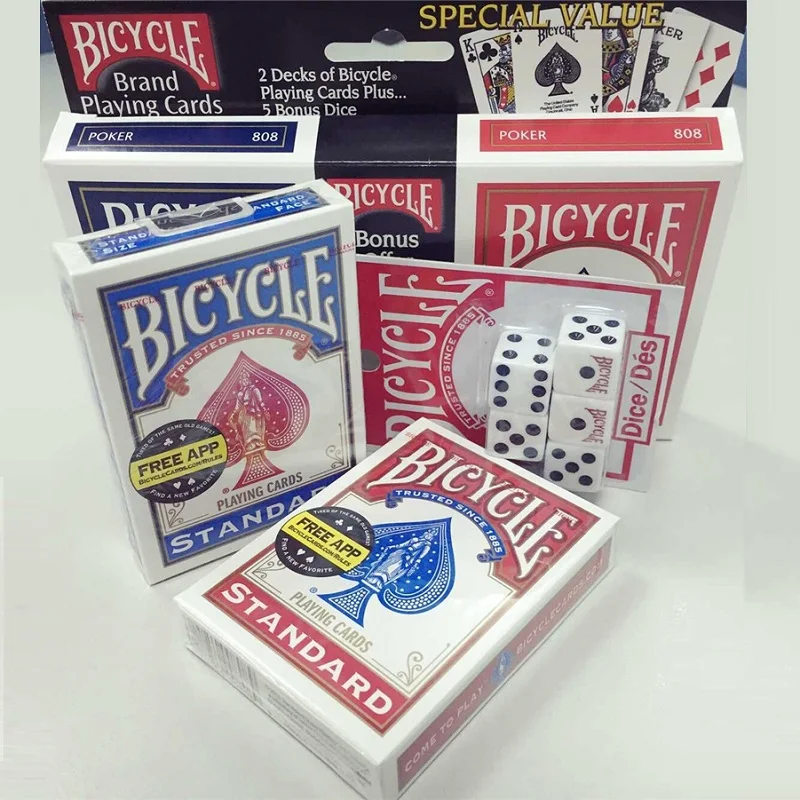 Kopen USA Inheemse Fiets Standaard Speelkaarten Rood amp; Blauw Originele 808 Rider terug Decks met 5 Bonus Dobbelstenen Poker Size Goocheltruc Props