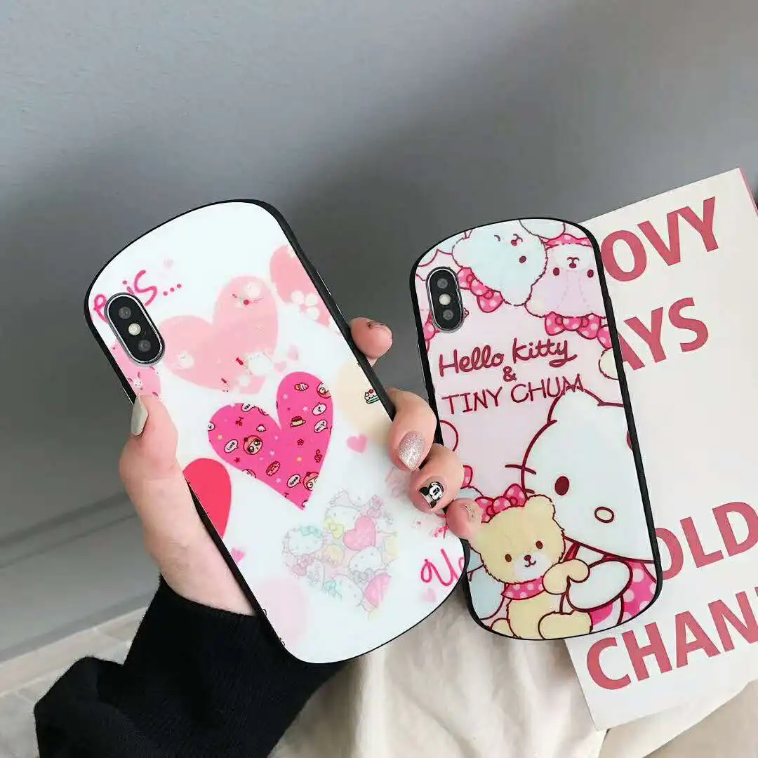 

Luxury cute Hello Kitty love hearts Arc curved shield glass case for iPhone XR XS MAX X 7 8 plus plating fashion phone cover
