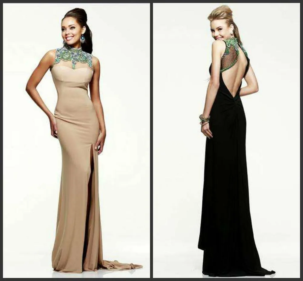 Innovative Design Mermaid High Sleeveless Backless Chiffon font b Prom b font Gown Crystal Split Front