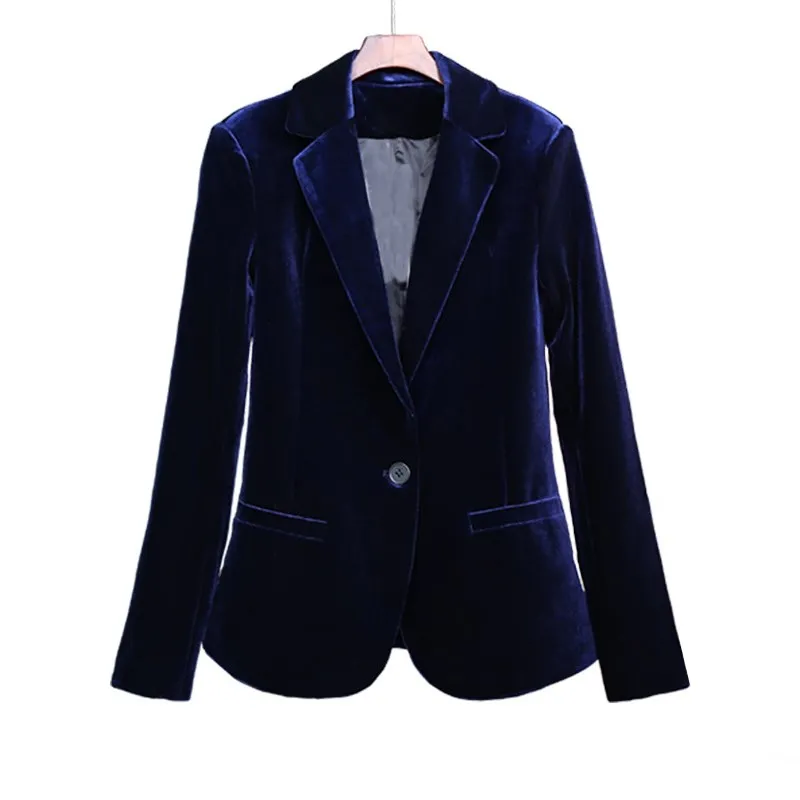 2018 Для женщин бархатный блейзер леди цвет: черный, синий элегантные пиджаки, Весна-осень плюс Размеры с длинными рукавами блейзеры для офиса