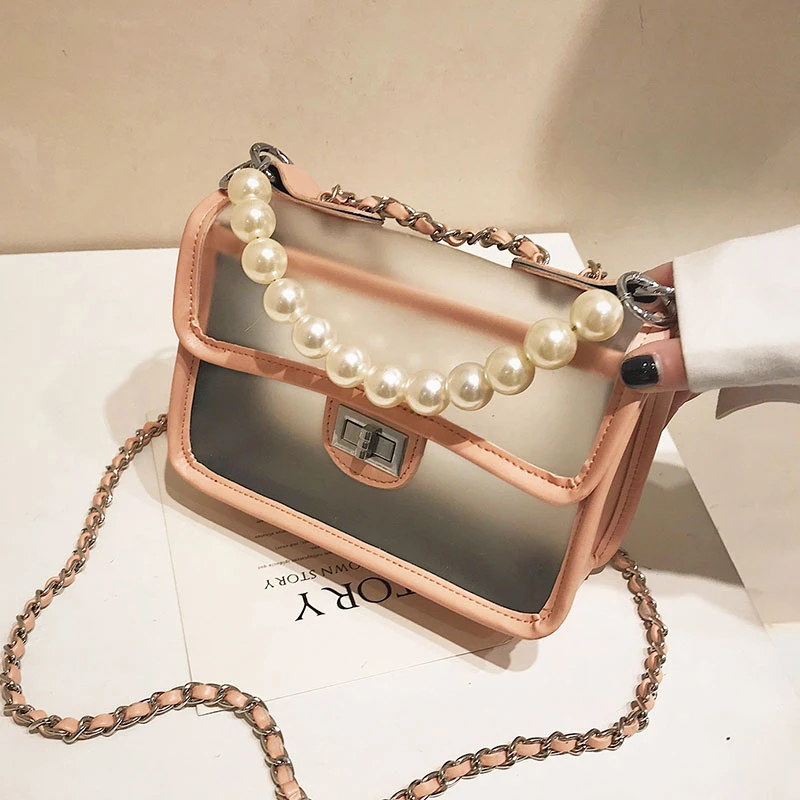 

Clear Transparent PVC Shoulder Bags Women Pearl Design Handbag Solid Color Tote sac a main femme Crossbody Bag Q0239