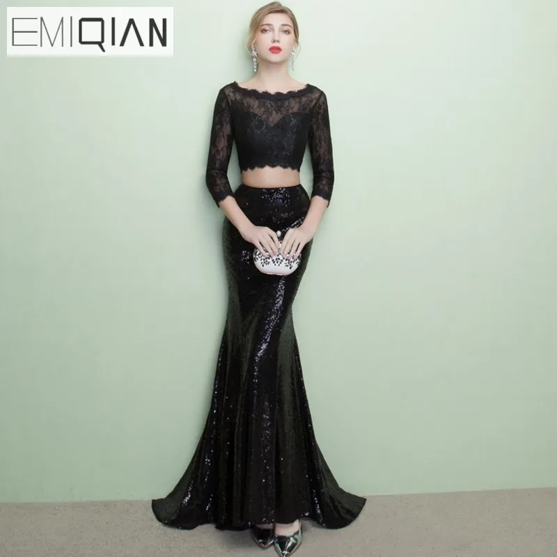 

Designer Open Back Formal Prom Party Dress 2 Piece 3/4 Sleeve Black Sequined Lace Mermaid Long Evening Dresses robe de soiree