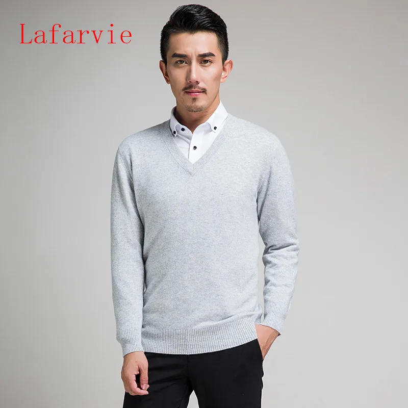 Lafarvie, новинка, тонкий вязаный кашемировый шерстяной свитер, мужские топы, пуловеры, Осень-зима, теплые, повседневные, одноцветные, v-образный вырез, длинный рукав, пуловер - Цвет: light gray
