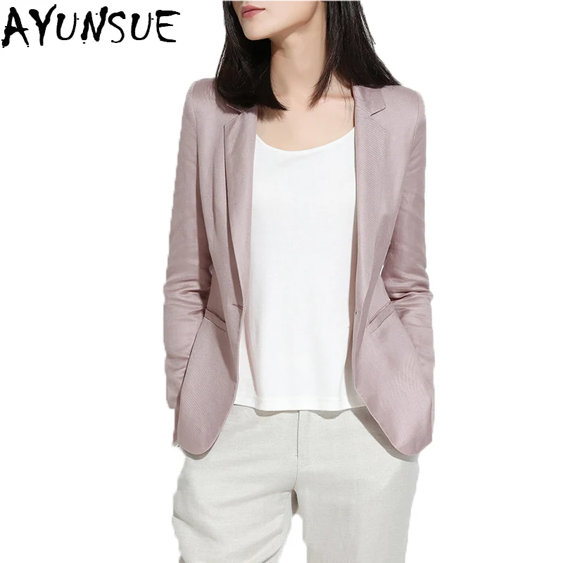 

AYUNSUE Ladies Blazers Office Blue 2018 New Spring Long Sleeve Cotton Linen Single Button Suit Women Jacket Basic Tops LX1422