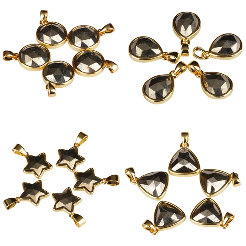 

golden pyrite cutted geometric gold frame stone bead pendant charm material for Customized Jewelry DIY for choker for earring