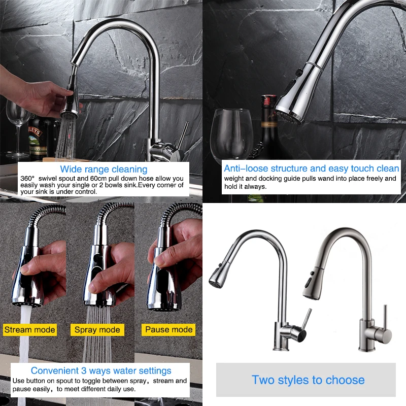 Chrome Kitchen Faucets hot and cold Single Handle Pull Out faucet for Kitchen 360 Degree Swivel mixer Water 3 ways water Tap Chrome Kitchen Faucets hot and cold Single Handle Pull Out faucet for Kitchen 360 Degree Swivel mixer Water 3 ways water Tap