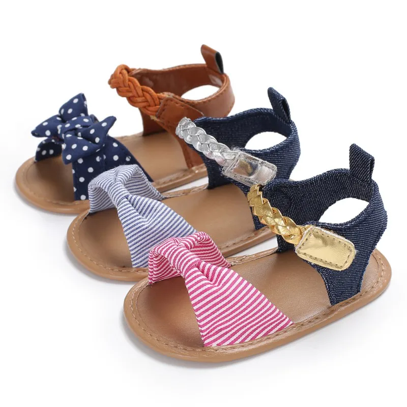 Сандалии для девочек полосатый хлопок детская обувь новорожденных с бантом для маленьких девочек сандалии модные летние дышащие пляжные