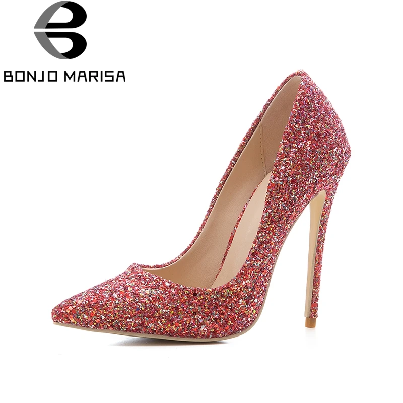 

BONJOMARISA New Large Size 33-45 12cm High Heels Party Banquet Spring Shoes Pumps Sexy Pointed Toe Bling Upper Women Shoes Woman