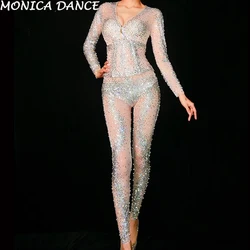 3 Colors Sparkly Rhinestones Mesh Jumpsuit Women Birthday Celebrate Perspective Bodysuit Sexy Costume Performance Evening Wear