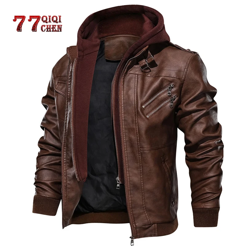 Vente Veste En Cuir homme décontracté Moto Capuche Amovible En Cuir Pu Veste 2019 Nouveau Mâle Fermeture À Glissière Oblique taille Européenne jaqueta couroie