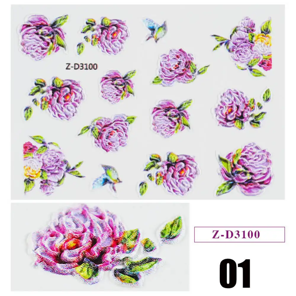 1pc 5D Acrylic Engraved Flower Nail Sticker Embossed Flower Water Decals Empaistic Nail Water Slide Decals 22 Styles DIY Nail Ar - Цвет: 01