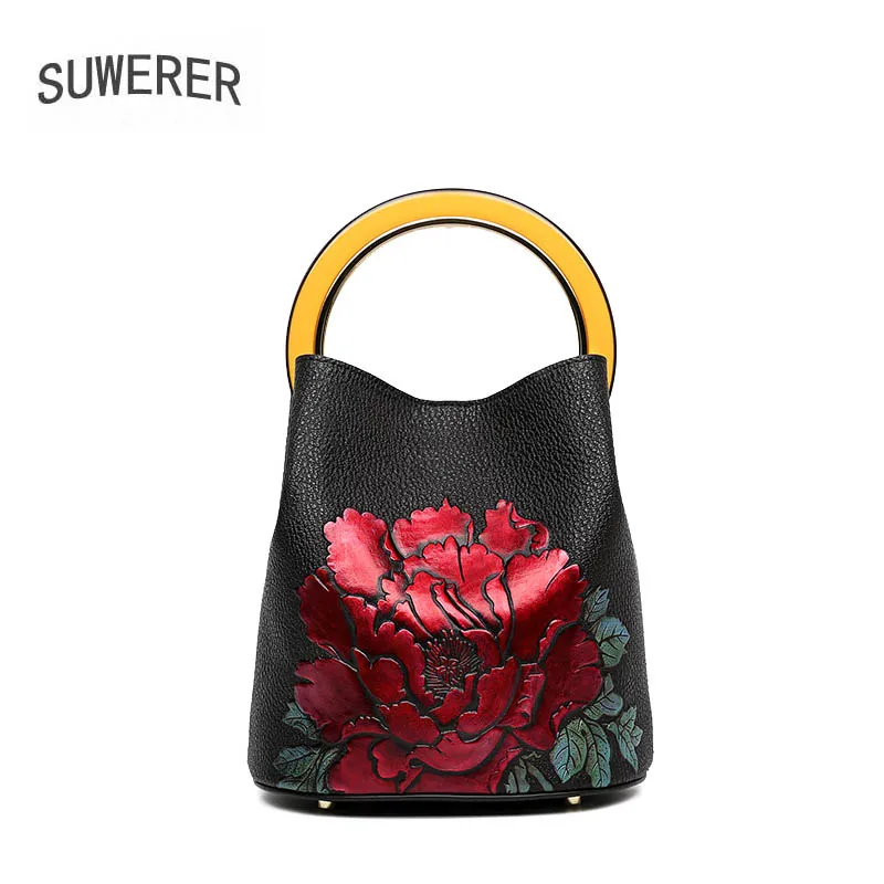 Taschen Eimer Neue Echtem Aus 2019 Leder Flowers Flowers Frauen Blumen Handtaschen blackpurple Suwerer Designer Für Tasche Präge Luxus Kunst Tote Red Zq0xI5w