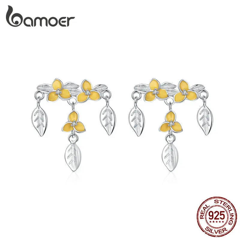 

bamoer Flower and Leaf Studs Earrings for Women 100% Pure Solid Silver 925 Enamel Floral Earrings Fashion Jewelry BSE062