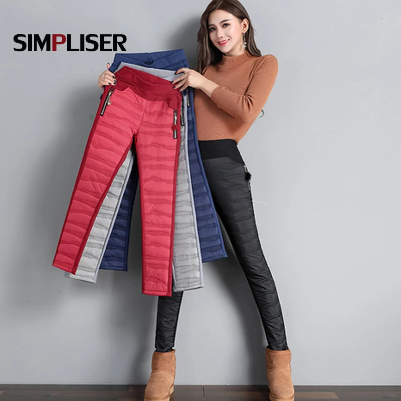 

High Stretch Women Down Cotton Pants Elastic High Waist Warm Winter Trousers Big Sizes 4XL Black Red Grey Femme Pantalon 2020