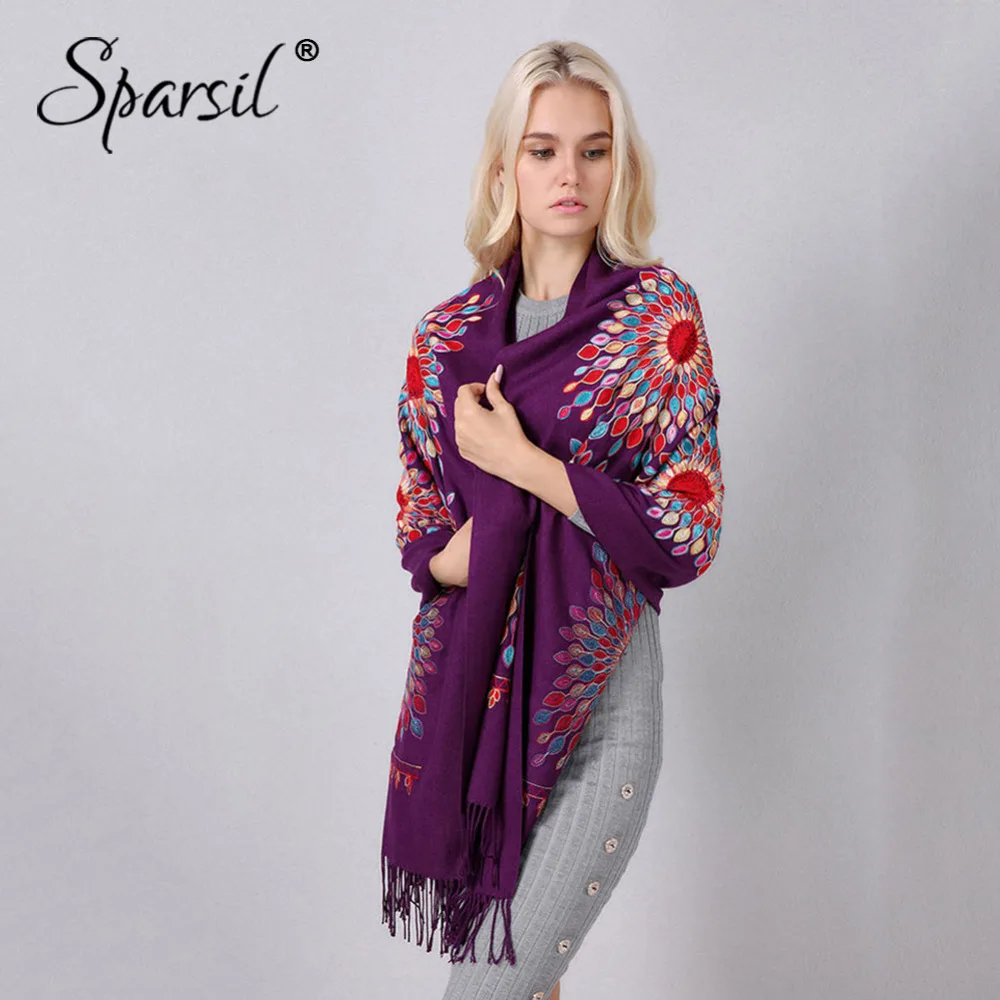 Sparsil Women Thick Cashmere Scarf National Embroidery Elegant Tassel Long...