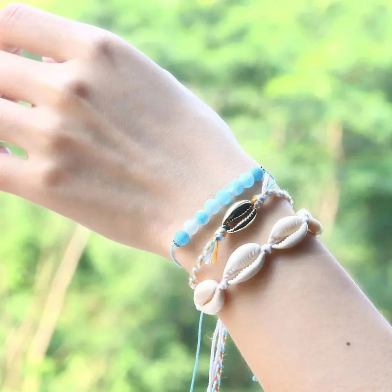 

2019 New Design Women's Bracelet Glamour Fashion Jewelry Gifts Handmade Adjustable Natural Cowrie Shell Blue Gem Bracelet Set