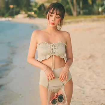 

Swiming Suit Women Biquine Whole Swimsuit Bikini Push Up Swimming For Korean High Waist Split Retro Black Eyed Ear Edged Pleated