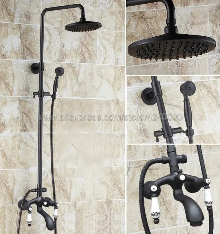 

Black Oil Rubbed Brass Bathroom Shower Faucet Set Single Handle 8" Rainfall Shower System with Tub Spout + Handshower Khg135