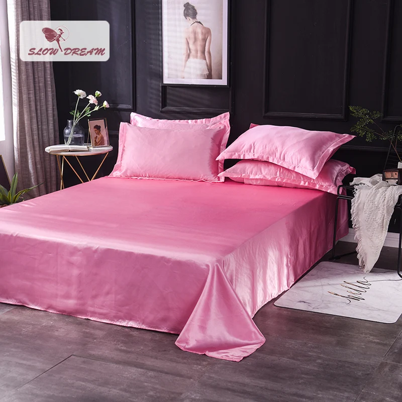 

Slowdream Solid Color Pink Pure Silk Fabric Silky Flat Sheet Queen King Size For Adult Child Bed Linen Home Textiles 1PCS