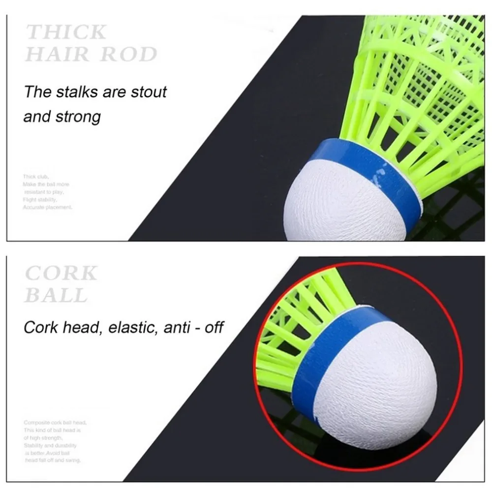 Super resistente y ligero de plástico amarillo/blanco nylon Bádminton entrenamiento pelota de plástico de transporte corcho cabeza de bola de madera gota shippi