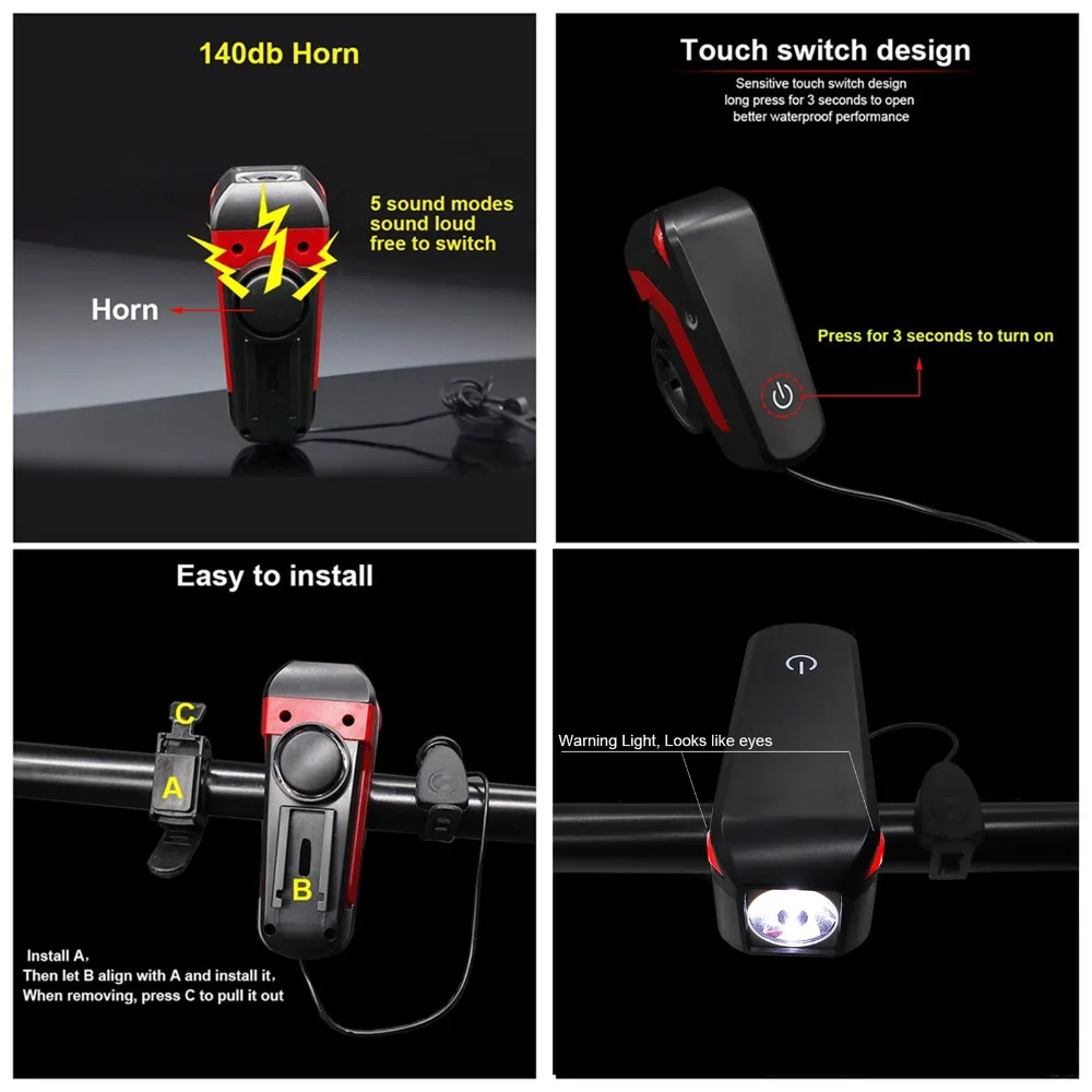 Best FTW Bike Light + Horn USB Rechargeable 350 Lumens Bicycle Front Light Lamp Cycling Handlebar led flashlight Lantern Waterproof 1