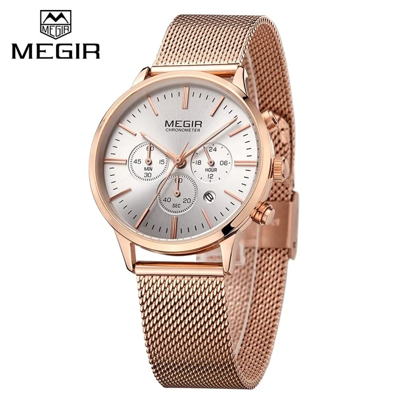 

MEGIR Women's Chronograph Luminous Hands Waterproof Stainless Steel Mesh Strap Quartz Watch Lady Rose Gold Luxury Wristwatch