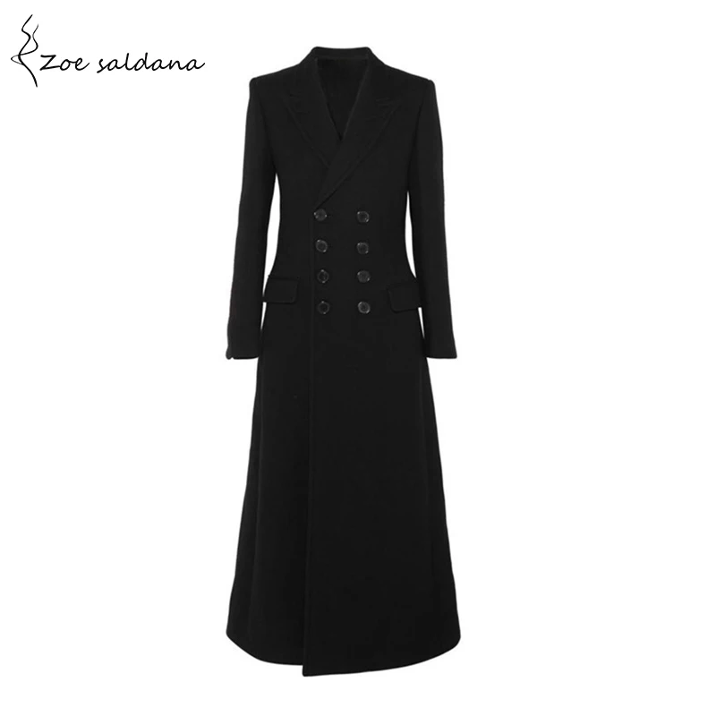 Зои салдана 2019 Шерстяное пальто Для женщин зимняя куртка двубортный X-длинные пальто Для женщин отложным воротником Винтаж зимнее пальто