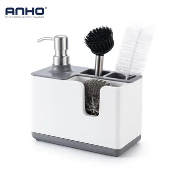 

Kitchen Liquid Soap Dispenser With Storage Shelf Stainless Steel Head Plastic Rack For Bathroom Multifunction Organizer Holder