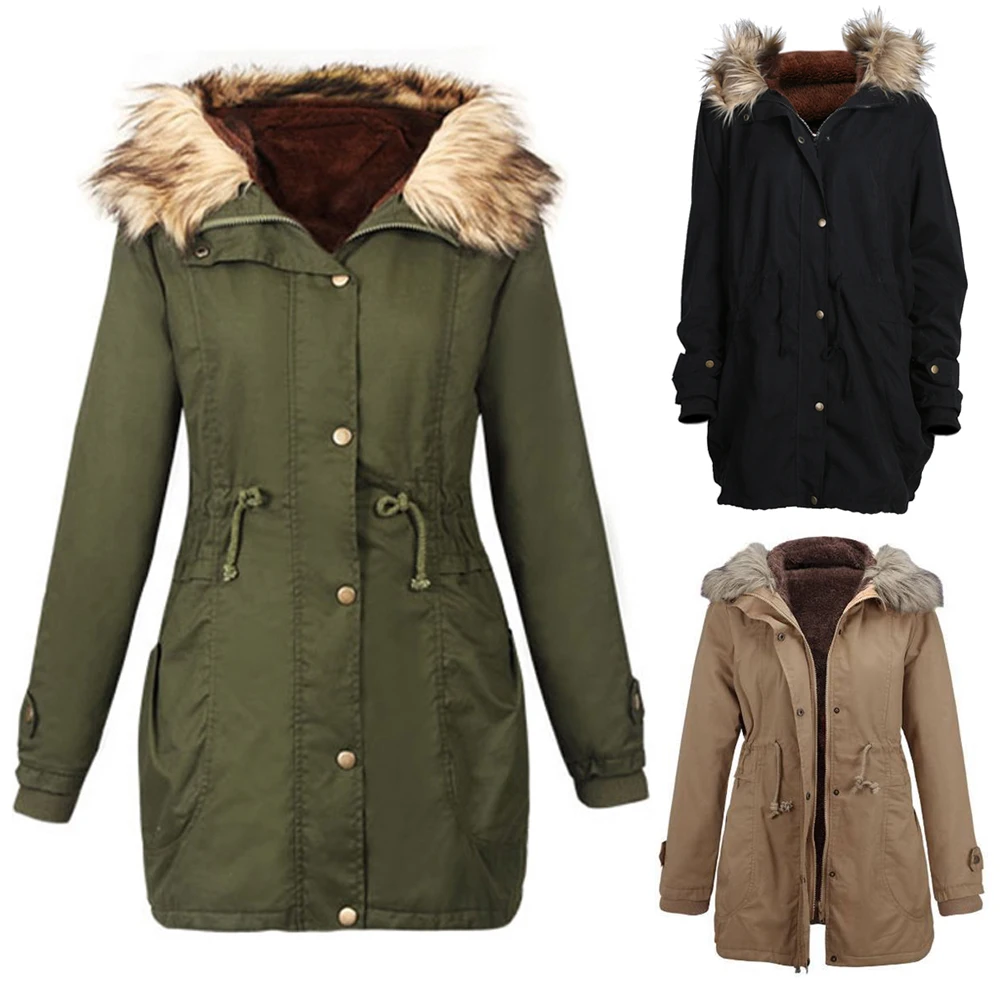 

Lady Warm Winter Long Jacket Long Sleeve Coat Parka Outwear Hooded Women Thick Snow Wear Coat Fake Fur Collar Parka Female Coat