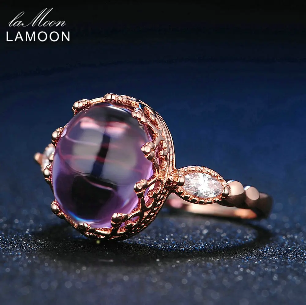 LAMOON 3.5ct 10x8 мм натуральный аметист 925 пробы Серебряные ювелирные изделия из розового золота с фиолетовыми кольцо для подарка подруге LMRI022