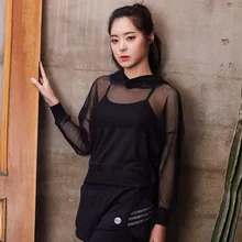 Спортивные Майки черный сетки Спорт Топ Фитнес Для женщин Свободные Спортивная одежда с длинным рукавом Футболки Для женщин футболки Йога топ, футболка, рубашка Femme