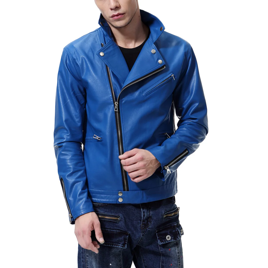 Г. Новая мужская куртка моделирование кожаная куртка Мужская мотоцикл одежды мужская кожаная Синий ветрозащитный кожаная куртка Y667