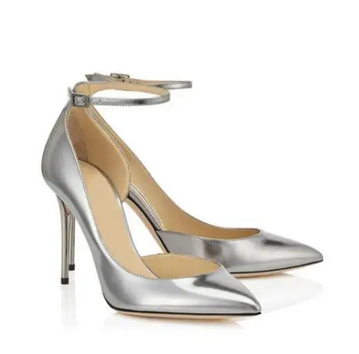 

2018 Latest Pointed Toe Steel Mirror Leather Pumps Concise Wedding Party Anklle Buckle Strap High Heel Women Pumps Size 34 to 42