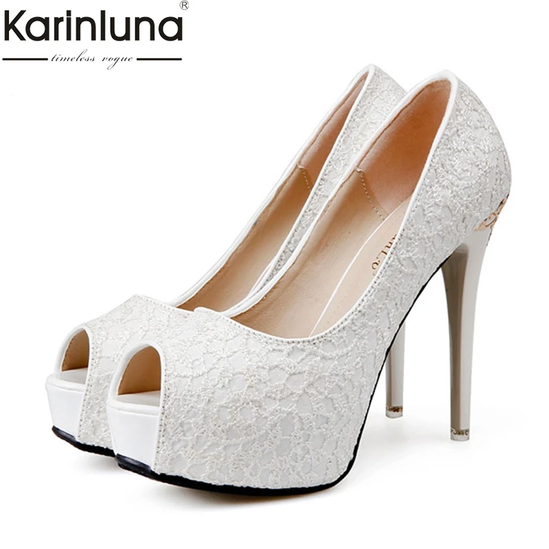 

KarinLuna Elegant Peep Toe Shoes Woman Sexy Thin High Heels Lace Party Wedding Bridesmaid Platform Pumps women's Shoes