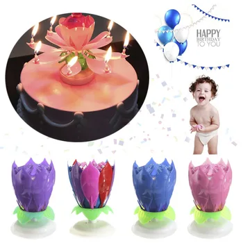 

Romantic Birthday Candle 14 Musical Spinning Lotus Flower Candles Rotating Party Festival Gift Light Pink/Blue/Purple/Colorful