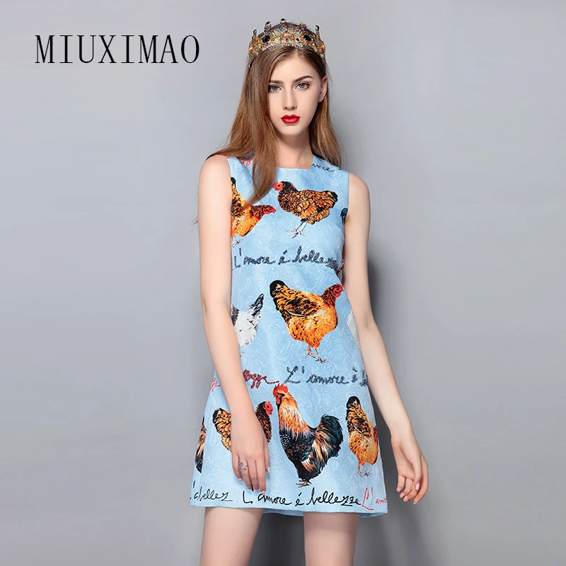 

2019 Spring & Summer New Arrival Fashion A-Line O-Neck Sleeveless Tank Diamonds Chicken Print Elegant Above Knee Dress Women